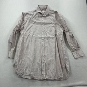 Kiton Shirt Mens 17 43 Tan White Striped Cotton Linen Long Sleeve Dress